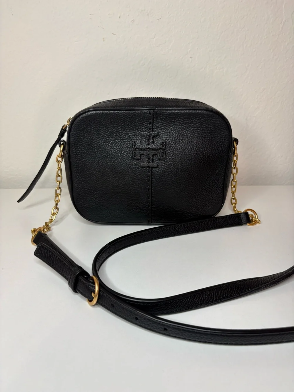 Tory Burch Black Pebbled Leather McGraw Camera Crossbody Bag gold hardware